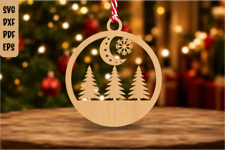 Moonlit Pine Forest Christmas Ornament Laser Cut SVG