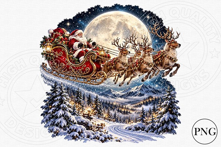 Moonlit Santa Sleigh & Reindeer PNG | Winter Wonderland Chri example image 1