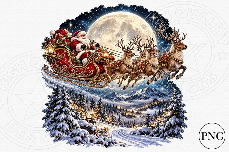 Moonlit Santa Sleigh & Reindeer PNG | Winter Wonderland Chri