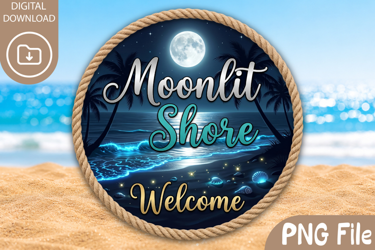 Moonlit Shore Welcome Sublimation, Round Night Beach PNG