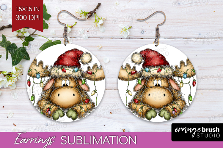 Moose Tangled In Christmas Lights Round Earrings Funny Xmas
