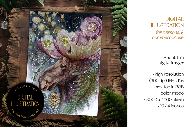 Moose & Helleborus Flowers Card Illustration