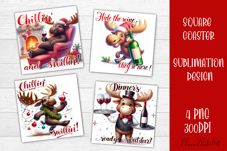 Wine Lover Christmas Coasters, Funny Moose with Wine PNG