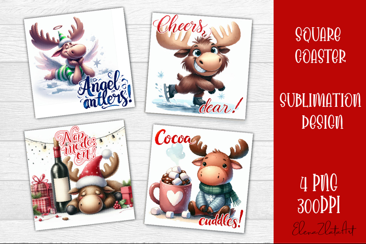 Wine Lover Christmas Coasters, Funny Moose with Wine PNG