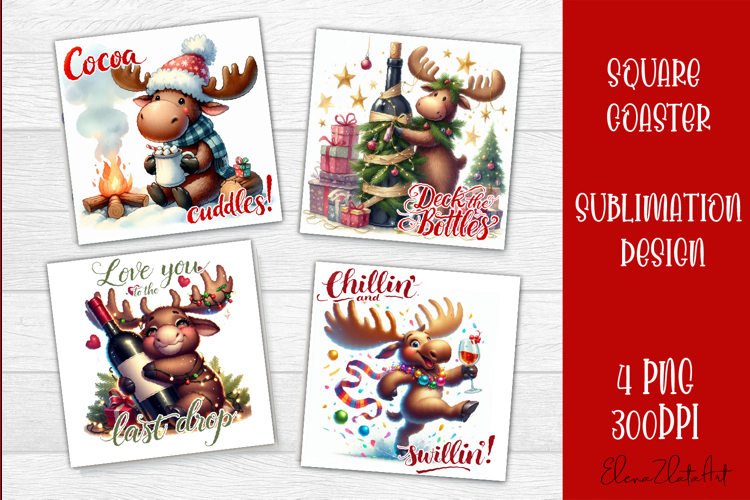 Wine Lover Christmas Coasters, Funny Moose with Wine PNG