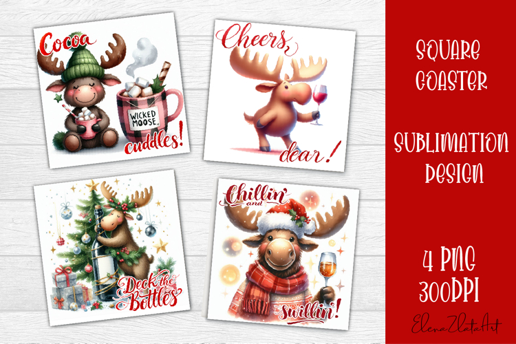 Wine Lover Christmas Coasters, Funny Moose with Wine PNG