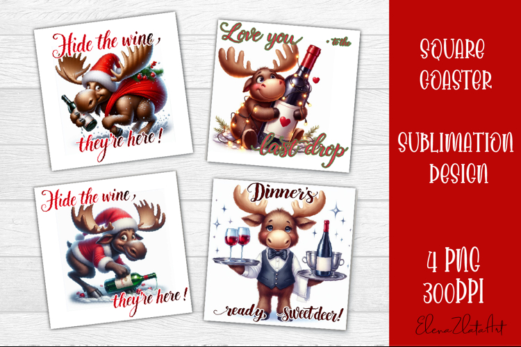 Wine Lover Christmas Coasters, Funny Moose with Wine PNG
