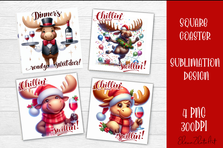Wine Lover Christmas Coasters, Funny Moose with Wine PNG