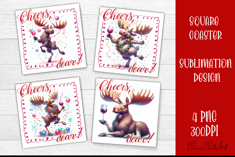 Wine Lover Christmas Coasters, Funny Moose with Wine PNG