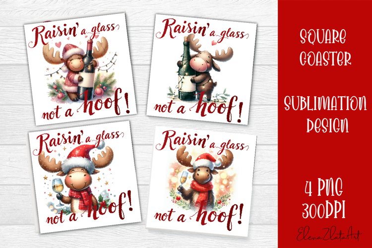 Wine Lover Christmas Coasters, Funny Moose with Wine PNG