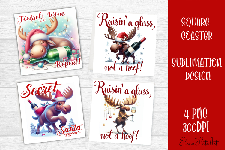 Wine Lover Christmas Coasters, Funny Moose with Wine PNG