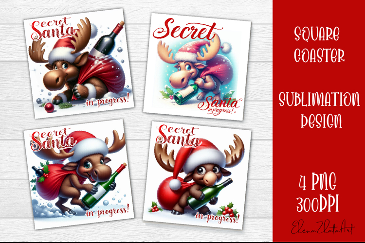 Wine Lover Christmas Coasters, Funny Moose with Wine PNG