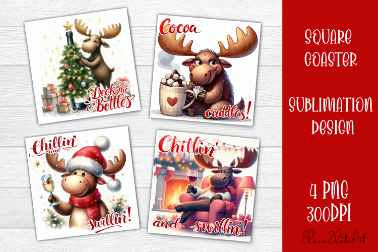 Wine Lover Christmas Coasters, Funny Moose with Wine PNG