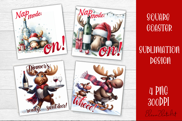 Wine Lover Christmas Coasters, Funny Moose with Wine PNG