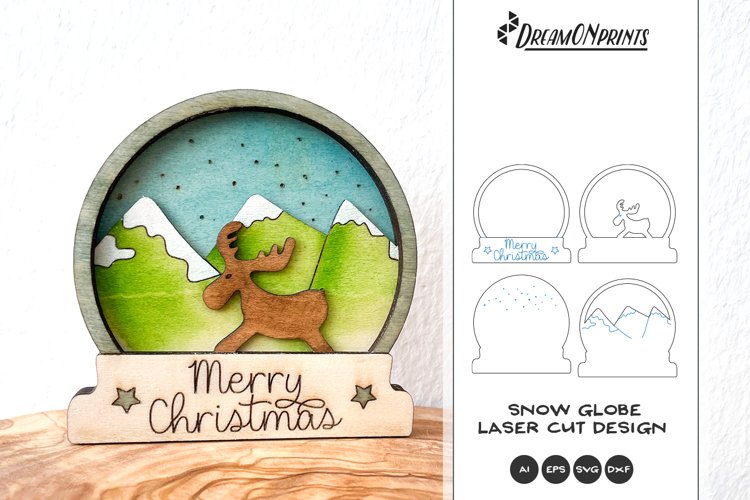 Snow globe with winter scene and a moose created for laser cutting machines. It would be great for Christmas decor and Christmas gifts.
