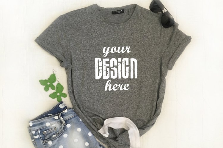 Mockup Gray T-shirt with Denim Shorts Sunglasses Real Photo