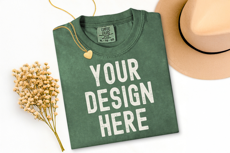 Comfort Colors C1717 Moss Shirt Mockup, Flat Lay Moss Mockup
