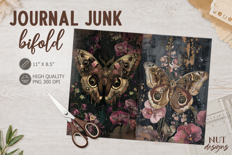 Vintage Moth Junk Journal Bifold floral moth scrapbook