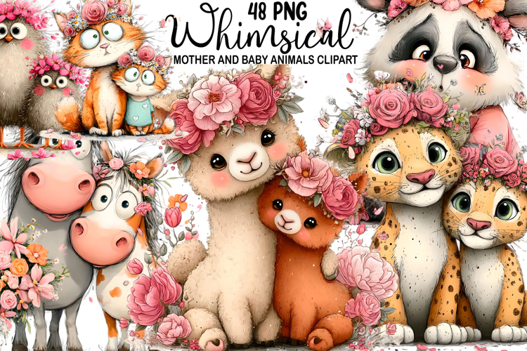 Mother and Baby Animals Clipart Watercolor png