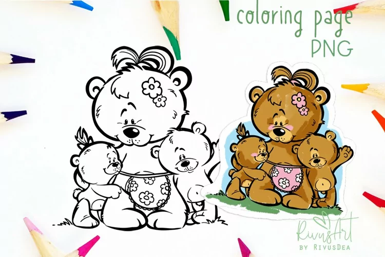 Mother's day coloring page | Digital Stamp Mama Bear PNG