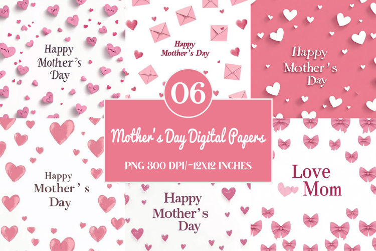 Mothers Day Digital Paper Mom Seamless Pattern Pink Heart