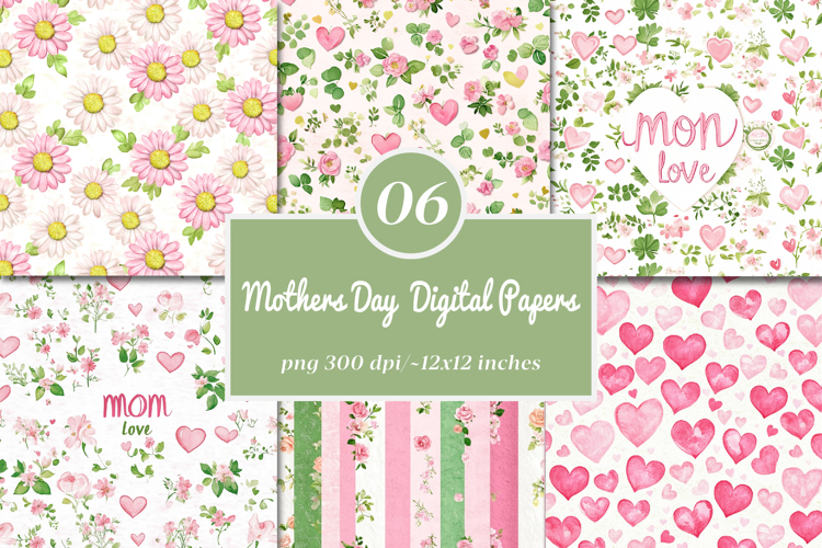 Mothers day Digital Papers -Floral Heart Patterns Mother Day