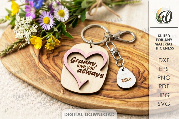Mothers Day Keychain Laser Cut. Grandma Keyring SVG
