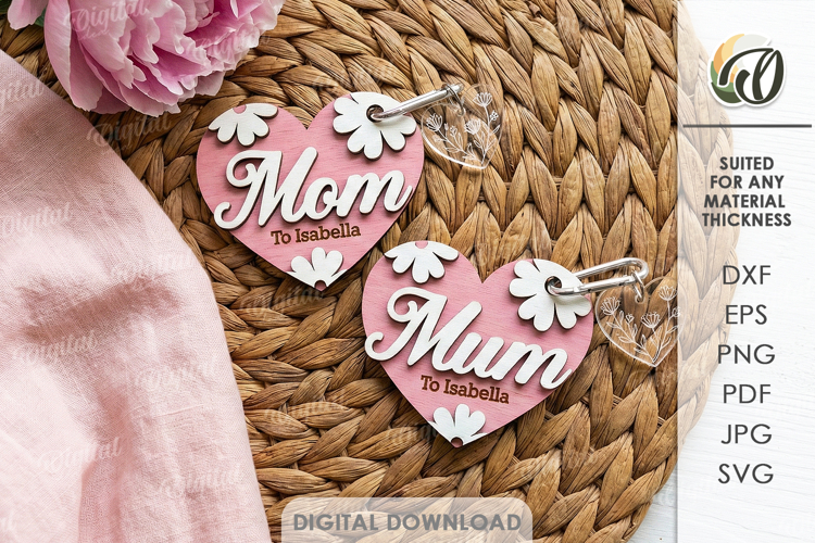 3D Mothers Day Keychain Laser Cut. Mother Keyring SVG