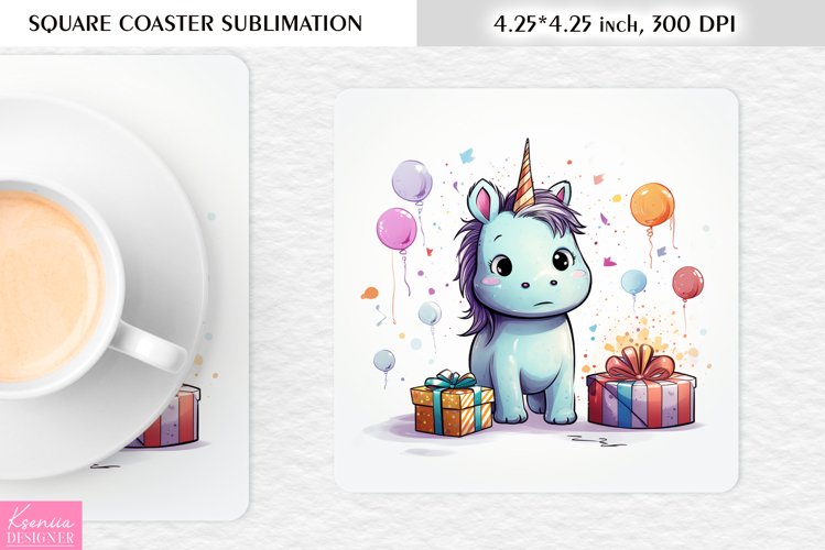 Birthday Cartoon Unicorn l Mothers Day Square Coaster Design