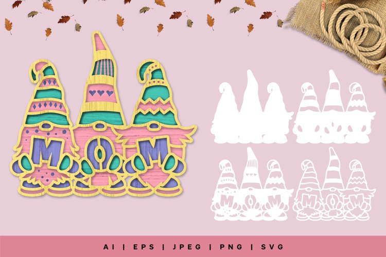 3D Layered Lasercut Three Lovely Gnomes Holding Mom Text