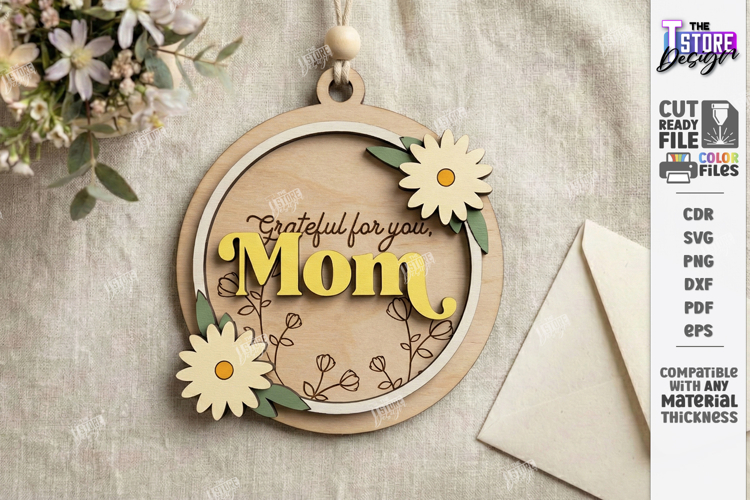 Mothers Day Floral Ornament Laser Cut | Gift Tag SVG | CNC