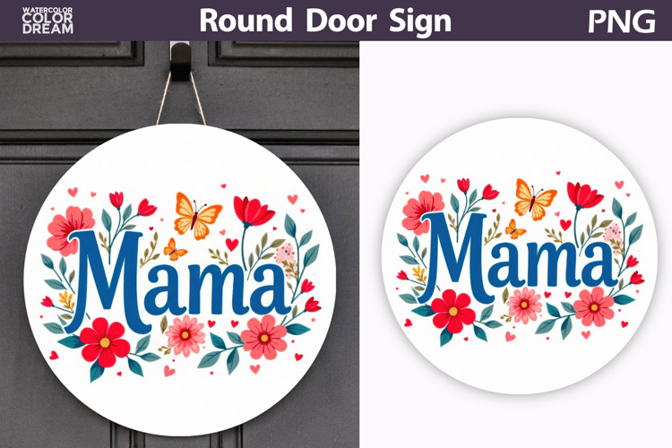 Mama Floral Sign Butterfly Design | Round Door Hanger