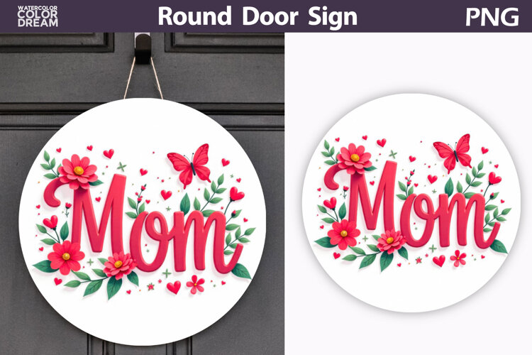 Mom Floral Round Sign | Butterfly Door Hanger example image 1