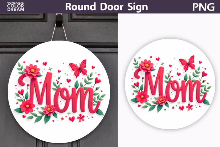 Mom Floral Round Sign | Butterfly Door Hanger
