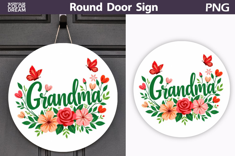 Grandma Floral Round Sign | Butterfly Door Hanger