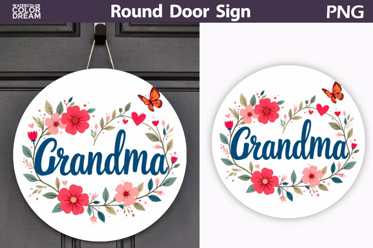 Grandma Floral Round Sign | Butterfly Door Hanger