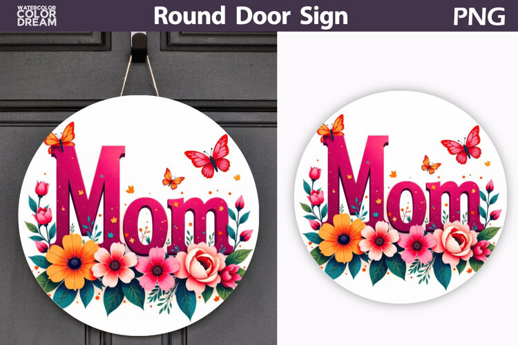 Mom Floral Round Sign | Butterfly Door Hanger example image 1