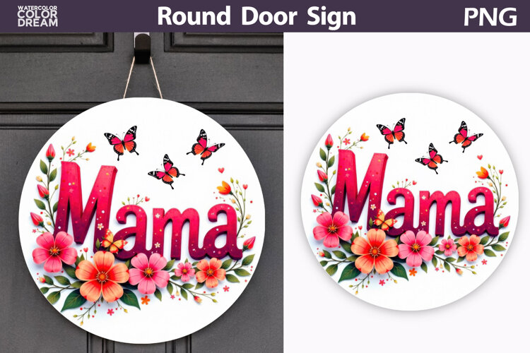 Mama Floral Round Sign | Butterfly Door Hanger example image 1
