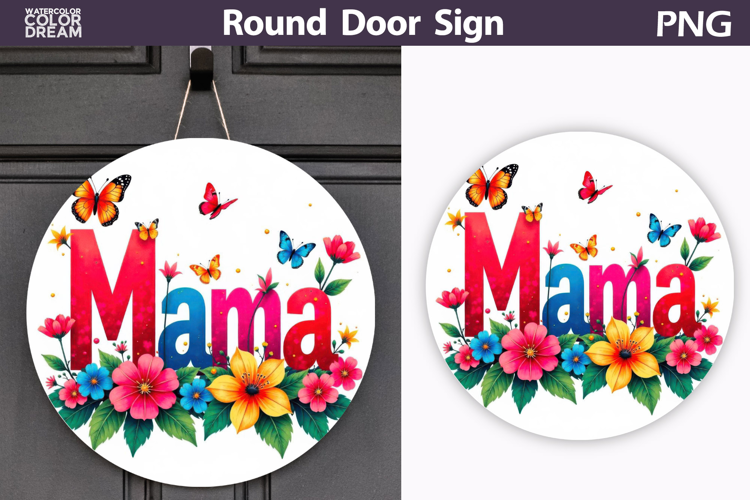 Mama Floral Round Sign | Butterfly Door Hanger
