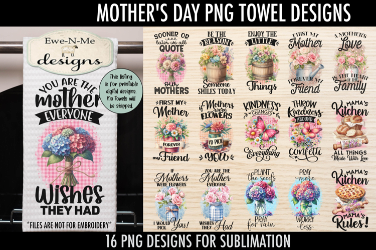 Mothers Day Flowers Kitchen Towel Bundle | 16 PNGs