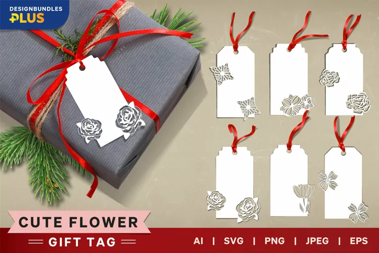 Cute Flower on Rectangular Gift Tag SVG Paper Cutting Set