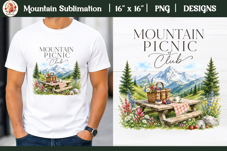 Mountain Picnic Club sublimation design, Watercolor Mountain