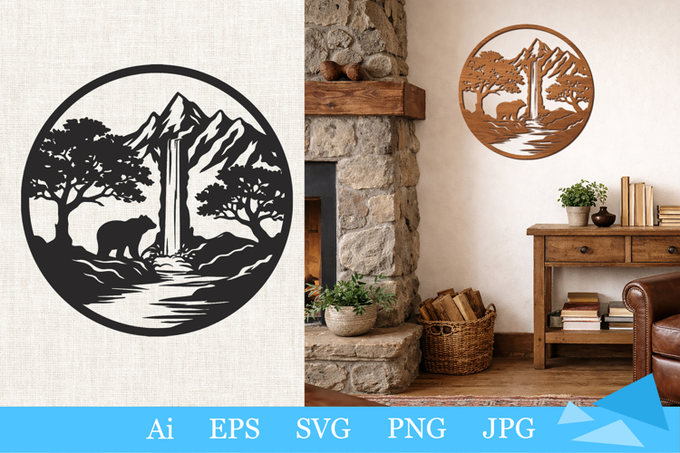 mountain wall art, bear silhouette, cabin decor, laser cut design, cricut file, wilderness art, rustic home decor, wildlife wall art, nature svg