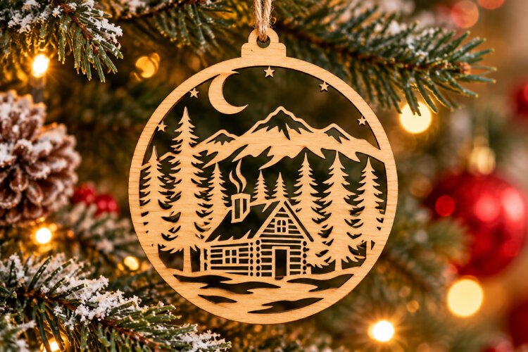 Mountain Cabin Ornament Laser Cut Svg example image 1