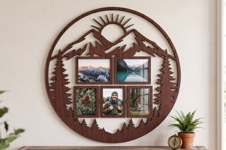 Mountain Forest Family Photo Frame Files, Laser Cut File example image 1