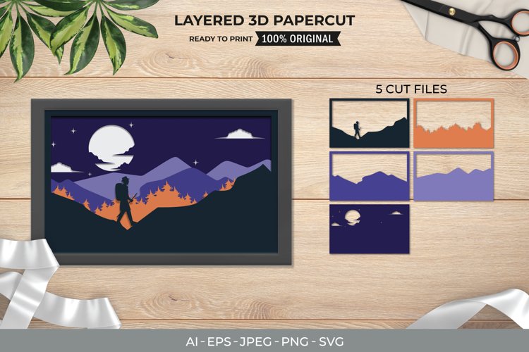 3D Papercut Man Hiking in The Mountain with Night View
