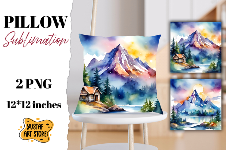 Mountain pillow sublimation. Watercolor camping