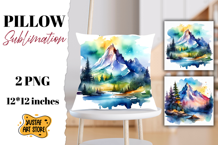 Mountain pillow sublimation. Watercolor camping
