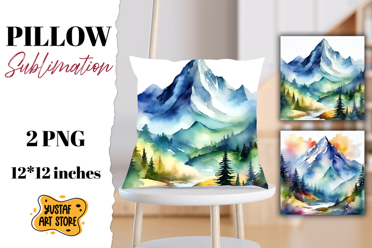 Mountain pillow sublimation. Watercolor camping