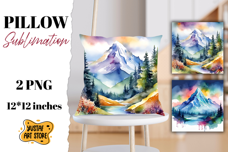 Mountain pillow sublimation. Watercolor camping